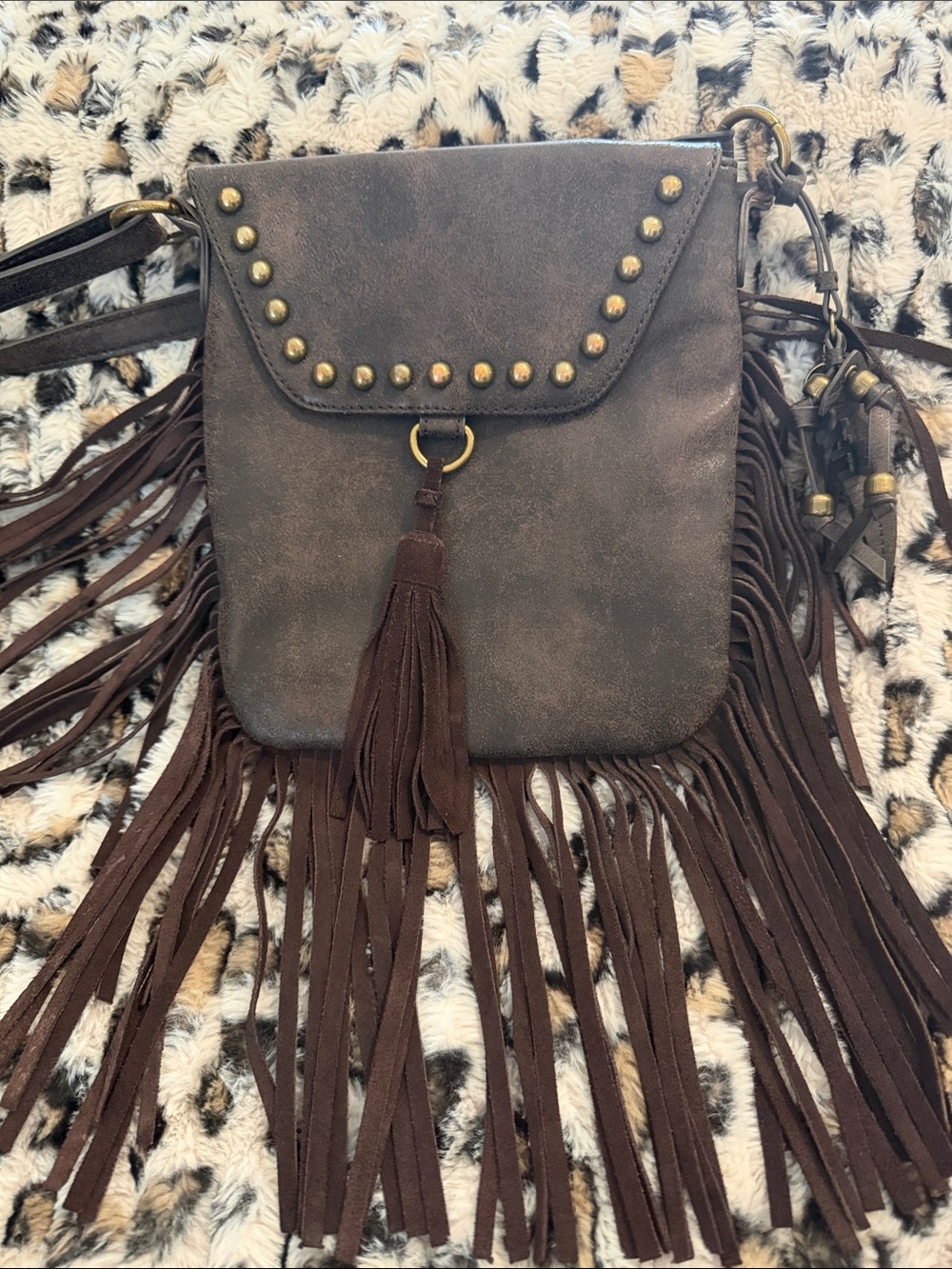 Jessica Simpson Brown Faux-Suede Fringe Crossbody with Studs